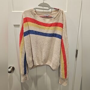 FATE Women’s Striped Chenille Sweater Large Beige Red Yellow Blue Soft Cozy Pull
